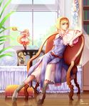  absurdres alice_margatroid arm_rest blonde_hair blue_dress blue_eyes bookshelf boots capelet carafe chair cup curtains dated diandianzai dress expressionless flower full_body highres indoors kirisame_marisa layered_dress looking_at_viewer ottoman photo_(object) picture_frame reflection rose shanghai_doll short_hair signature sitting snow_globe solo table teacup touhou window wooden_floor 