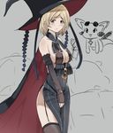 bad_id bad_pixiv_id bare_shoulders black_dress black_legwear blonde_hair blush breasts cape cleavage cleavage_cutout cosplay detached_sleeves djeeta_(granblue_fantasy) dragon dress garter_straps granblue_fantasy grey_background hat large_breasts long_sleeves magisa_(granblue_fantasy) magisa_(granblue_fantasy)_(cosplay) no_bra pelvic_curtain rokuromi short_hair side_slit sideboob simple_background sleeves_past_wrists solo tears thighhighs vee_(granblue_fantasy) wavy_mouth witch_hat yellow_eyes 
