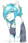  anthro blue_eyes blue_hair bust_portrait cat cleavage clothed clothing feline female fur hair hair_over_eye hi_res inner_ear_fluff lillith_(oomizuao) looking_at_viewer mammal oomizuao pink_nose shirt simple_background smile solo tank_top white_background white_fur 