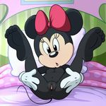  2015 anthro anus bed black_eyes black_nose black_skin bow_tie breasts clothing detailed_background digital_media_(artwork) disney eyelashes female gloves hi_res lonbluewolf looking_down lying mammal minnie_mouse mouse navel nipples nude open_mouth pillow presenting presenting_anus presenting_pussy pussy rodent solo surprise tongue white_sclera 