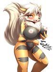  2015 amber_eyes anthro anthrofied arcanine areola big_breasts black_nose blush breast_grab breasts canine chest_tuft erect_nipples female fluffy_tail fur hair hand_on_breast hi_res mammal navel nintendo nipples orange_fur pok&eacute;mon pussy simple_background solo stripes tailzkim tuft video_games white_background white_hair 
