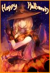  black_gloves blonde_hair border dress english gloves halloween happy_halloween hat hatahata_p_(taritari1648) highres orange_border original smile solo v witch_hat yellow_eyes 