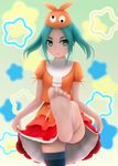  aqua_hair ass_visible_through_thighs barefoot blurry commentary_request depth_of_field dress dress_lift eyebrows feet green_eyes hat highres leg_up looking_at_viewer monogatari_(series) nisemonogatari ononoki_yotsugi short_hair single_thighhigh siraha skindentation skirt_hold soles solo standing standing_on_one_leg star starry_background striped striped_legwear thighhighs twintails 