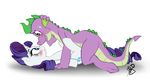  2015 blue_eyes blush cutie_mark dragon duo equine erection eye_contact female feral forked_tongue friendship_is_magic fur green_eyes green_scales hair horn interspecies legs_up lying makeup male mammal multicolored_scales my_little_pony on_back open_mouth pia-sama purple_hair purple_scales rarity_(mlp) scales scalie side_view simple_background spike_(mlp) spikes sweat sweatdrop tongue two_tone_scales unicorn white_background white_fur white_sclera wide_eyed 