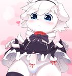  anthro blue_eyes blush bowties canine clothing collar cub dog erection fur legwear lifting_dress looking_at_viewer maid_uniform male mammal panties penis precum simple_background solo stockings uncut underwear uniform white_fur young とろろうどん 
