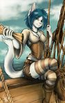  anthro blue_eyes blue_hair boots cat cleavage clothed clothing cloud corset ear_piercing feline female footwear fur gunwale hair hi_res legwear lillith_(oomizuao) looking_at_viewer mammal necklace oomizuao outside parchment piercing pink_nose pirate rigging rope sea ship shirt shorts sitting sky smile solo stockings striped_legwear striped_stockings stripes thigh_highs vehicle water white_fur 