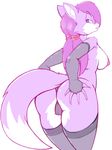 2015 anthro areola big_butt blue_eyes breasts butt camel_toe canine cheek_tuft clothed clothing elbow_gloves female fox fur gloves hair half-dressed hand_on_butt hi_res holding_butt legwear long_hair looking_at_viewer looking_back mammal nipples panties pink_fur pink_hair presenting presenting_hindquarters rachel_gates rear_view simple_background solo spazman standing stockings thick_thighs thigh_highs topless tuft underwear white_background 