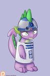  2015 alasou cosplay dragon friendship_is_magic green_eyes hi_res male my_little_pony patreon purple_scales r2-d2 scales simple_background solo spike_(mlp) star_wars unamused 