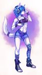  abstract_background anthro athletic blue_eyes blue_hair cat clothed clothing crop_top feline female fur hair headphones hi_res legwear lillith_(oomizuao) looking_away mammal midriff navel oomizuao pink_nose shirt shorts skimpy socks solo spiked_tailband striped_legwear striped_socks stripes tailband white_fur wristband 