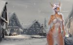  2015 anthro big_breasts black_sclera blue_eyes breasts female hair hi_res nipple_chain nipple_piercing nipples nude outside piercing pussy scalie skygracer skyrim smile snow solo standing the_elder_scrolls video_games 