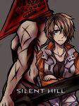  1girl blonde_hair breasts heather_mason helmet medium_breasts pyramid_head short_hair silent_hill_(movie) silent_hill_2 silent_hill_3 sword tsukumo_(world_and_sky) vest weapon 