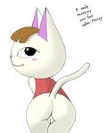  animal_crossing anthro bottomless brown_hair butt cat clothed clothing cute emoanimalcrossling english_text feline fur hair half-dressed hi_res looking_at_viewer looking_back mammal merry_(animal_crossing) nintendo pussy rear_view simple_background solo text video_games white_background white_fur 