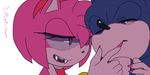  1boy 1girl amy_rose anthro black_nose clothing duo fangs female furry gloves green_eyes hair half-closed_eyes hedgehog japanese_text male mammal nail_polish naughty_face open_mouth pink_hair red_eyes sega short_hair sonic sonic_(series) sonic_the_hedgehog text unknown_artist video_games 