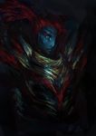  1girl armor blue_skin dark_background hair_over_one_eye hi_res looking_at_viewer no_crowns_for_kings red_hair solo undertale undyne unknown_artist video_games 
