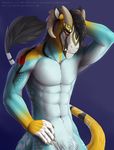  abs anthro athletic axial biceps claws coyrin fangs felkin flexing hair hi_res looking_at_viewer male markings muscular nude pecs pose red_eyes smile solo teeth 