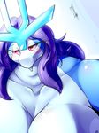  2015 anthro big_breasts blush breasts day-t hair legendary_pok&eacute;mon nintendo pok&eacute;mon purple_hair red_eyes smile solo suicune video_games voluptuous 
