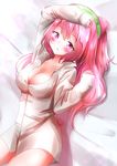  blush breasts cleavage commentary_request dress_shirt hacka_doll hacka_doll_2 highres large_breasts long_hair looking_at_viewer no_pants open_mouth penginmaru pink_eyes pink_hair shirt smile solo 