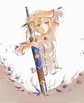  ahoge artoria_pendragon_(all) blonde_hair blue_eyes breasts caliburn cleavage detached_collar detached_sleeves fate/stay_night fate/unlimited_codes fate_(series) flower lily_(flower) saber saber_lily sheath small_breasts solo sword tadashi-kun unsheathing weapon 