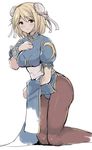  bad_id bad_pixiv_id blonde_hair blue_dress blush bracelet brown_eyes bun_cover china_dress chinese_clothes chun-li chun-li_(cosplay) cosplay djeeta_(granblue_fantasy) double_bun dress dress_lift granblue_fantasy hand_on_own_chest high_collar jewelry kneeling pantyhose pelvic_curtain puffy_short_sleeves puffy_sleeves purple_legwear rokuromi sash short_hair short_sleeves side_slit simple_background smile solo spiked_bracelet spikes street_fighter white_background 