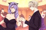  1girl alternate_hairstyle aomeeso bad_id bad_twitter_id blonde_hair breasts brother_and_sister camilla_(fire_emblem_if) choker cleavage earrings fire_emblem fire_emblem_if formal hair_over_one_eye hairband jewelry large_breasts leon_(fire_emblem_if) lips long_hair nail_polish purple_eyes purple_hair red_eyes siblings 