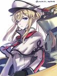  black_gloves blonde_hair blue_eyes breasts capelet commentary_request gloves graf_zeppelin_(kantai_collection) hair_over_one_eye hat jacket kantai_collection long_hair looking_at_viewer machinery mataichi_mataro medium_breasts necktie peaked_cap sidelocks simple_background solo twintails twitter_username uniform upper_body white_background 