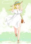  :d akaxia alternate_costume bad_id bad_pixiv_id bag blonde_hair blush dress green_eyes handbag hands_on_headwear hat holding i-8_(kantai_collection) kantai_collection no_eyewear open_mouth sandals smile solo sun_hat white_dress 