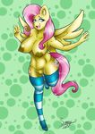  2015 absurd_res anthro anthrofied areola big_breasts breasts clothed clothing cutie_mark equine female fluttershy_(mlp) friendship_is_magic fur hair hi_res legwear looking_at_viewer mammal mostly_nude my_little_pony nipples nude open_mouth pegasus pink_hair simple_background smile socks solo stockings striped_legwear striped_socks stripes sunnyslash thigh_highs wings 