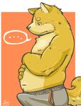  anthro blush bulge canine chubby clothed clothing dog erection erection_under_clothes half-dressed hi_res jeck male mammal penis shiba_inu solo sweat tenting topless 