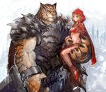  anthro armor big_hands big_muscles blonde_hair bra brown_nose cape claws clothing cold collar couple cradling detailed digital_media_(artwork) duo elf eye_scar fangs feline female footwear fur green_eyes guardian hair hammer huge_muscles humanoid ice interspecies jewelry kazeco loincloth male mammal multicolored_fur muscular navel orange_fur outside red_cape scar shoes size_difference skull snow spikes standing stripes tiger tools underwear warrior white_fur yellow_eyes 