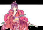  blush fan gumitaroo highres japanese_clothes kimono mole mole_under_eye original purple_eyes purple_hair solo 