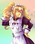  apron bad_id bad_pixiv_id blonde_hair blue_eyes dance_dance_revolution drill_hair hand_on_hip maid maid_headdress one_eye_closed ribbon solo taka_(sanoujo358) twin_drills twintails v wrist_cuffs yuni_(dance_dance_revolution) 