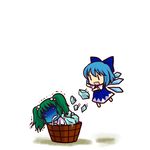  bucket chibi cirno green_hair hair_bobbles hair_ornament ice in_bucket in_container kisume multiple_girls ribbon short_hair simple_background socha touhou twintails wings wooden_bucket |_| 