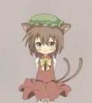  animal_ears arms_behind_back bad_id bad_pixiv_id bloomers blush brown_eyes brown_hair cat_ears cat_tail chen hat multiple_tails shiki_(guwang) short_hair simple_background smile solo tail touhou underwear 