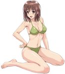  armpits barefoot bikini breasts brown_eyes brown_hair cleavage copyright_request face feet hand_on_hip highres kneeling large_breasts navel nigou open_mouth shiny shiny_skin sideboob sitting sketch smile solo swimsuit wariza 