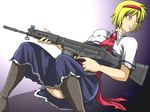  alice_margatroid battle_rifle blonde_hair blue_eyes finger_on_trigger fn_fal gun hairband holding holding_gun holding_weapon junkei left-handed rifle short_hair sitting solo thighhighs touhou weapon 