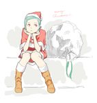  aqua_hair artist_request boots bored capelet chin_rest christmas eureka eureka_seven eureka_seven_(series) hair_ornament hairclip hat purple_eyes red_capelet sack santa_costume santa_hat short_hair sitting solo 