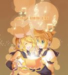  1girl aqua_eyes blonde_hair box brother_and_sister hair_ornament hair_ribbon hairclip headphones kagamine_len kagamine_rin matsyumaro musical_note ribbon short_hair siblings twins vocaloid 