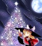  bad_id bad_pixiv_id blonde_hair braid capelet christmas closed_eyes cloud full_moon hat kirisame_marisa moon night ribbon scarf side_braid sky smile snowflakes solo star_(sky) starry_sky tobi_(nekomata_homara) touhou v witch_hat 