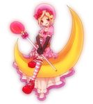  blonde_hair candy dress elbow_gloves gloves kneehighs lambdadelta lollipop mary_janes moon pink_dress red_eyes ribbon ribbons shoes sitting smile umineko_no_naku_koro_ni 