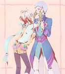  1girl bad_id bad_pixiv_id black_legwear blue_hair blue_shirt hubert_ozwell leggings ma_na_roo multicolored_hair pascal red_hair scarf shirt tales_of_(series) tales_of_graces two-tone_hair white_hair 