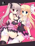  ass bad_id bad_pixiv_id blonde_hair breast_grab breasts collar dress garters grabbing hair_ribbon long_hair medium_breasts mitha multiple_girls original panties purple_hair red_eyes ribbon smile thighhighs twintails underwear yuri 