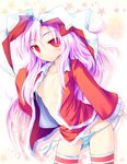  :&lt; ai_takurou animal_ears bunny_ears bunny_tail christmas long_hair merry_christmas midriff miniskirt no_bra open_clothes open_shirt panties panty_pull pink_hair red_eyes reisen_udongein_inaba shirt side-tie_panties skirt solo striped striped_panties tail thighhighs touhou underwear undressing untied untying 