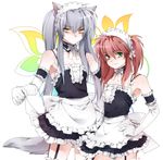  animal_ears armpits blush bow crossdressing elbow_gloves fox_ears gloves green_eyes kurama maid male_focus multiple_boys otoko_no_ko red_hair silver_hair smile tail thighhighs toujou_sakana twintails yellow_eyes youko_kurama yuu_yuu_hakusho 