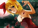  bad_id bad_pixiv_id bare_shoulders blonde_hair blue_eyes dress earrings flamenco hair_ornament hair_ribbon hairclip jewelry kagamine_rin la_fiesta_(vocaloid) moon nail_art nail_polish petals red_nails ribbon rioko short_hair solo vocaloid 