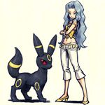  bangs bare_shoulders blue_hair capri_pants closed_mouth coin_(ornament) elite_four full_body gen_2_pokemon green_eyes groin high_heels karin_(pokemon) legs_apart long_hair looking_at_viewer lowres meimaru_inuchiyo midriff navel pants parted_bangs pokemon pokemon_(creature) pokemon_(game) pokemon_gsc shoes simple_background smile standing stomach umbreon very_long_hair white_pants yellow_footwear 