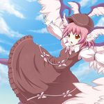  animal_ears bad_id bad_pixiv_id bow cloud day dress earrings feathers flying fuuen_(akagaminanoka) hair_bow hat jewelry mystia_lorelei open_mouth orange_eyes outstretched_arms pink_hair short_hair sky solo spread_arms touhou wings 
