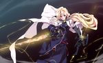  aeutoaki bardiche blonde_hair cape fate_testarossa gloves long_hair lyrical_nanoha mahou_senki_lyrical_nanoha_force red_eyes solo thighhighs uniform 