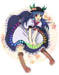  :3 :d blue_hair boots colorized cross-laced_footwear daigorou food fruit full_body garigarigari hat highres hinanawi_tenshi knee_boots lace-up_boots leaning_forward long_hair looking_at_viewer open_mouth peach red_eyes skirt smile solo touhou transparent_background v_arms 