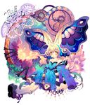  animal_ears blonde_hair boots bug butterfly butterfly_wings chain cherrypin clock dress flower insect key multicolored multicolored_wings original sitting solo thigh_boots thighhighs wings yellow_eyes 