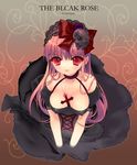  bare_shoulders black_dress breasts cherrypin cleavage copyright_request covered_nipples cross dress from_above gothic_lolita hairband large_breasts lolita_fashion lolita_hairband mouth_hold pink_hair red_eyes skull solo typo 